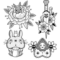 four cartoon animals with flowers on their heads