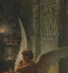 a painting of an angel sitting in front of a mirror