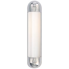 a wall light with a white glass shade on the bottom and an aluminum frame around it