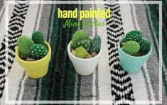 three small cactus plants are sitting in tiny pots on a tablecloth with the words hand painted mini cactuses