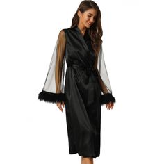 Mesh sheer sleeve, stylish fashion robe for everyday. Suitable for Bridal Party, wedding eve, night, bath, shower, loungwear, sleeping, also a great gift for holiday, birthday, anniversary. Unique robe with faux feather trim, mesh long sleeves, semi sheer, make it more stylish for night wear. These women's sleepwears set use soft breathable pure satin, give you a unique sleepwear exprience. Design: solid color sheer mesh long sleeve robe, the robe is casual but comfy. You have many choice to mat Elegant Fitted Long Sleeve Sleepwear, Elegant Sheer Robe For Party, Elegant Long Sleeve Evening Sleepwear, Chic Long Sleeve Sleepwear For Parties, Sheer Fitted Party Robe, Fitted Long Sleeve Evening Robe, Elegant Black Long Sleeve Sleepwear, Elegant Long Sleeve Robe For Night Out, Black Long Sleeve Party Sleepwear