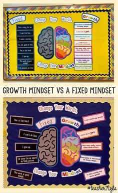 two bulletin boards with the words growth minds and fixed minds