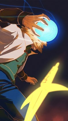 an anime character holding a glowing object in his hand