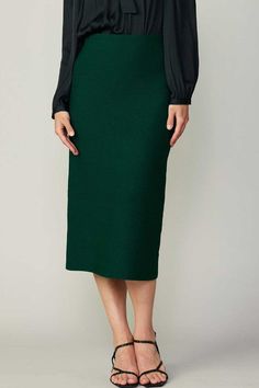 Chic sweater pencil midi skirt, available in green and grey. Pair with our half zip turtleneck sweater (Style #2330010) for the complete look! 55% Viscose, 45% Polyester Gray Midi Skirt For Work, Chic Gray Winter Skirt, Grey Knit Midi Skirt Outfit, Green Knitted Midi Skirt, Gray Skirt Outfit, Spring Gray Midi-length Skirt, Sweater Midi Skirt, Midi Skirt Green, Pencil Midi Skirt