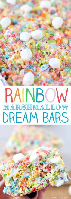 rainbow marshmallow dream bars with white chocolate and sprinkles on top