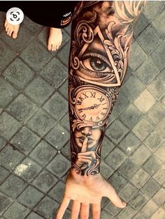 a person's arm with an eye and clock tattoo on it, next to a hand