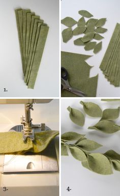 four pictures showing how to make leaves with fabric and sewing machine, step by step instructions