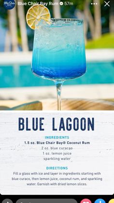 the blue lagoon cocktail is served in a tall glass with a slice of lemon on top