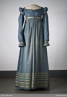 Regency Gown, Regency Era Fashion, 1800s Fashion, Regency Dress, Regency Fashion, 19th Century Fashion, Century Clothing, Blue Striped Dress, Retro Mode