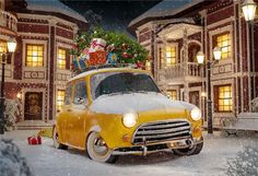 an old yellow car with presents on top in the snow