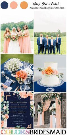 the wedding color scheme is peach and blue