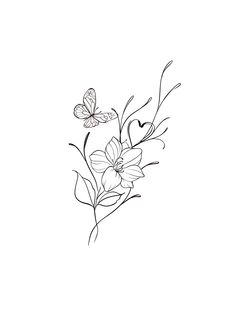 a black and white drawing of flowers with butterflies