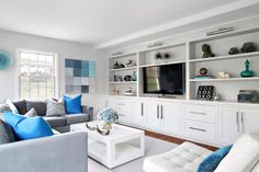 a living room filled with furniture and a flat screen tv on top of a wall