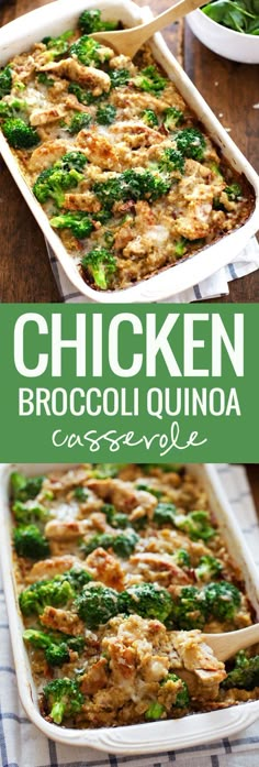 chicken broccoli quinoa casserole in a white dish