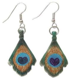 pair of earrings with peacock feathers on them