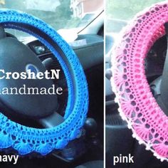 crochet steering wheel cover made with pink and blue yarn