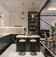 an elegant kitchen with marble floors and white walls, along with black countertops and bar stools