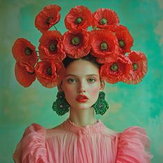 a woman with red flowers on her head and green leaves in her hair, wearing pink dress