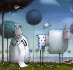 two sheep standing next to each other in front of some trees and balls on the ground