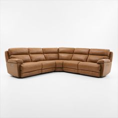 a brown leather sectional sofa with two recliners on the bottom and one end