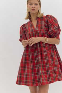 Plaid v-neck puff sleeve mini dress featuring pockets at side. Button closure at cuff. - Lined, non-sheer, lightweight.Fabric Contents - 100% Polyester Southern Clothing, Text Codes, Dolman Dress, Plaid Mini Dress, Red Plaid Dress, Puff Sleeve Mini Dress, Glam Outfit, Ruffled Neckline, Sleeve Cuff