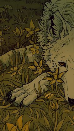 a drawing of a wolf laying in the grass with yellow flowers around its neck and head