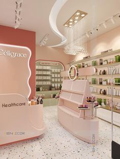 the interior of a cosmetics store with pink walls and shelves filled with personal care products