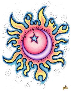 an image of a sun and moon with fire coming out of the center, on a white background