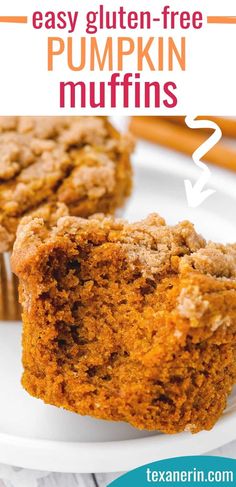 pumpkin muffins on a white plate with text overlay