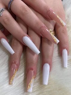 Long Acrylic Nail Designs, White Acrylic Nails, Gold Nail, Shiny Nails