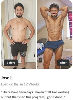 a man with no shirt and shorts before and after his workout