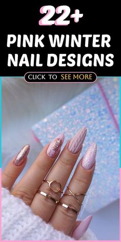 Winter Elegant Nails, Pink Sparkling Nails, Pink Winter Nail Designs, Soft Pink Almond Nails, Pink Shimmer Nails, Pink Nail Ideas, Snow Nails, Glitter Accent Nails