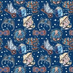 a blue background with cartoon characters and stars