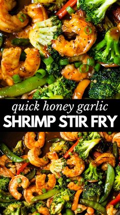 shrimp stir fry with broccoli and carrots in a skillet