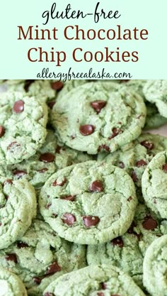 chocolate chip cookies stacked on top of each other with the words gluten - free mint chocolate chip cookies