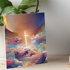 a painting with clouds and a cross in the sky art board print by person on etsyle