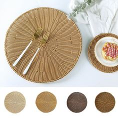 wicker placemats, plates and flowers on a white table