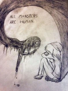 a drawing of a person sitting in front of a tree with the words all monsters are human