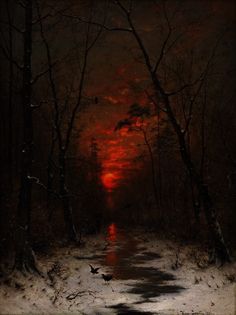 a painting of a sunset in the woods with snow on the ground and birds flying around