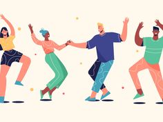 four people are dancing with their arms in the air and one person is holding his hands out