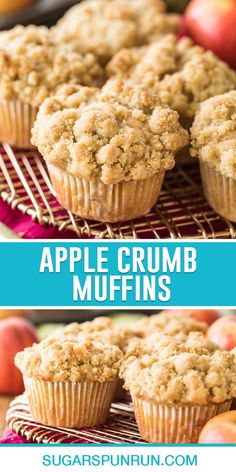 apple crumb muffins on a cooling rack with apples in the background