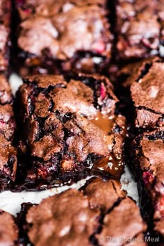 chocolate rhubarb brownies are stacked on top of each other with text overlay