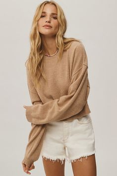 We've spun up a collection of cloud-like cashmere that's dreamy, elevated, and oh-so-soft . The Alani is our bestselling, best-reviewed sweater, ever . Nothing says luxury like a sumptuous cashmere pullover – here, a mock neck and relaxed silhouette lend the style an air of au courant polish. | The Alani Cashmere Sweater by Pilcro: Cropped Crew-Neck Edition in Beige, Women's, Size: XL, 100% Cashmere at Anthropologie Pleated Tops, Pleat Top, Cashmere Jumper, Crew Neck Jumper, Mock Neck Sweater, Premium Denim, Cropped Top, Boho Outfits, Cashmere Sweaters