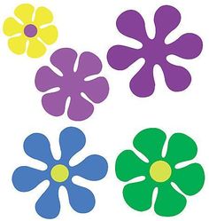 four different colored flowers on a white background