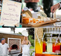 there are many different types of food being served at this outdoor event, including cheeses and jams