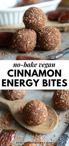 no - bake vegan cinnamon energy bites on a wooden spoon with dates in the background