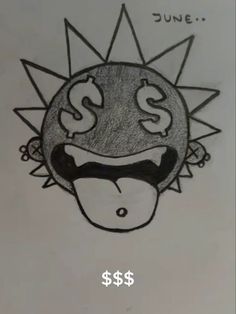 a drawing of a face with money coming out of it's mouth and the words $ $ $