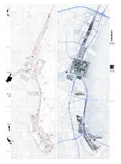 two maps showing the location of different buildings and streets in an area that has been divided by