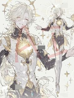 two anime characters standing next to each other in front of stars and sparkles on the background