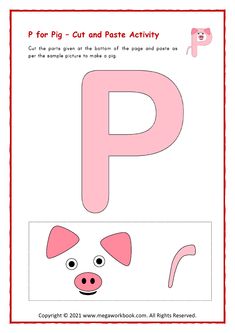 the letter p for pig cut and paste activity is shown in this printable paper